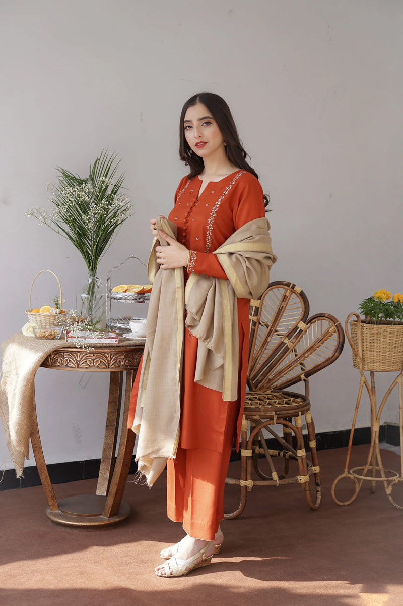 3PC MARINA EMBROIDERED SHIRT WITH PASHMINA WOOL SHAWL AND TROUSER ZM_1069