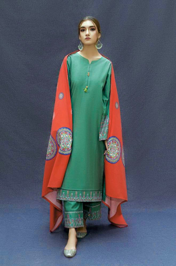 MARINA 3PC EMBROIDERED DRESS DIGITALPASHMINA WOOL PRINTED SHAWL ZM_1100